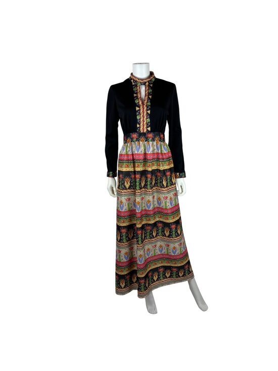Vintage Dresses & Skirts - Vintage 70s Dark Floral Dress Womens Small Multi Colored Keyhole Neckline Long S